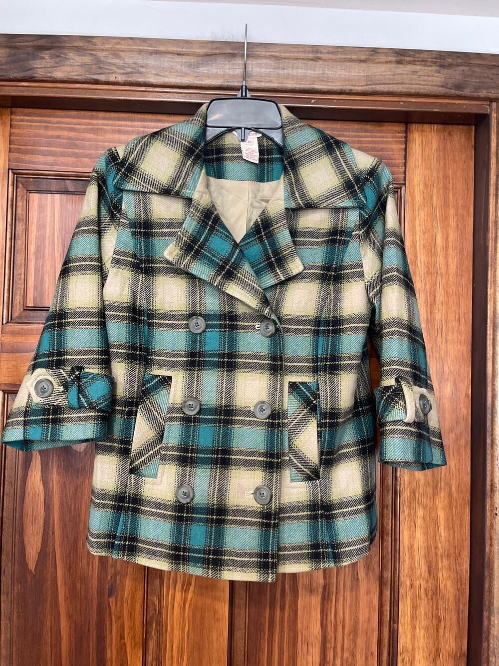 Sundance Plaid Wool Blend Double Breasted Peacoat Jacket  3/4 Sleeve XS